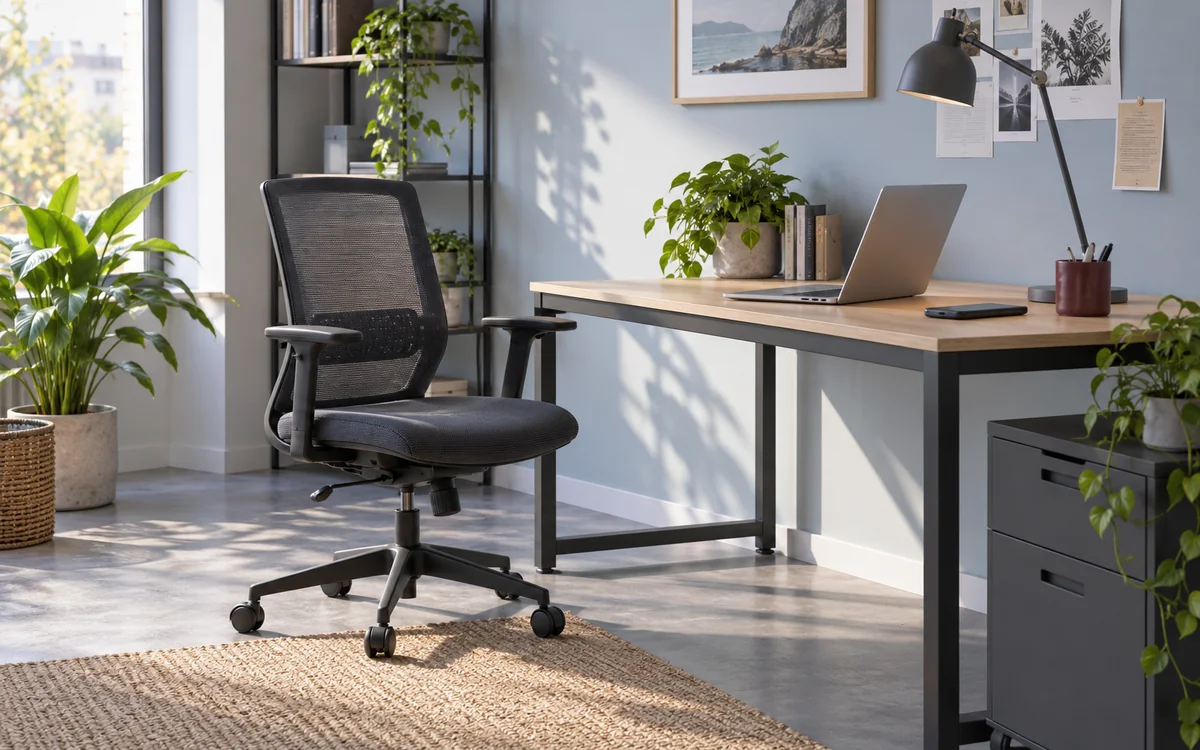 Una postazione di lavoro con sedia ergonomica, computer e telefono.