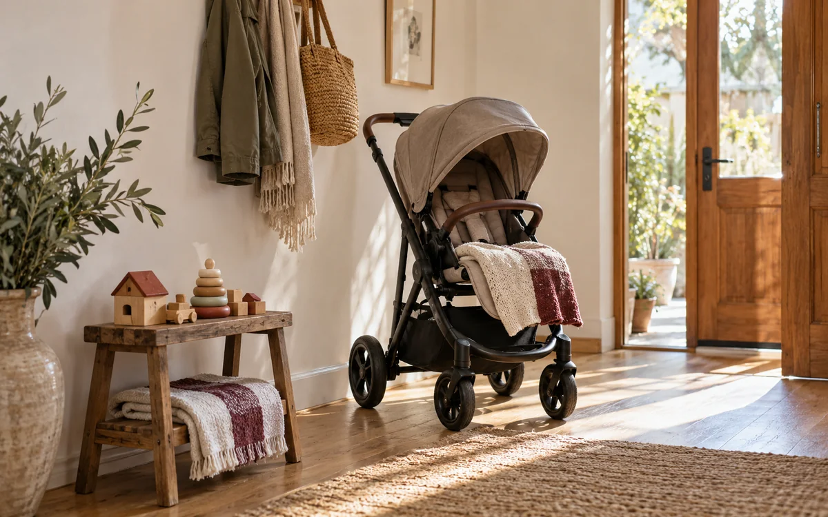 Un passeggino e piccoli oggetti per l’infanzia in un ambiente familiare luminoso.