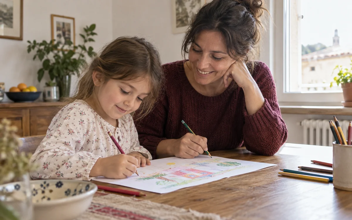 Un genitore e un bambino condividono un’attività creativa a casa.