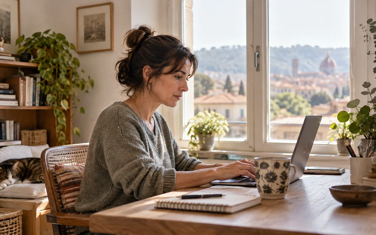 Una donna lavora al computer da casa, accanto a una finestra luminosa.