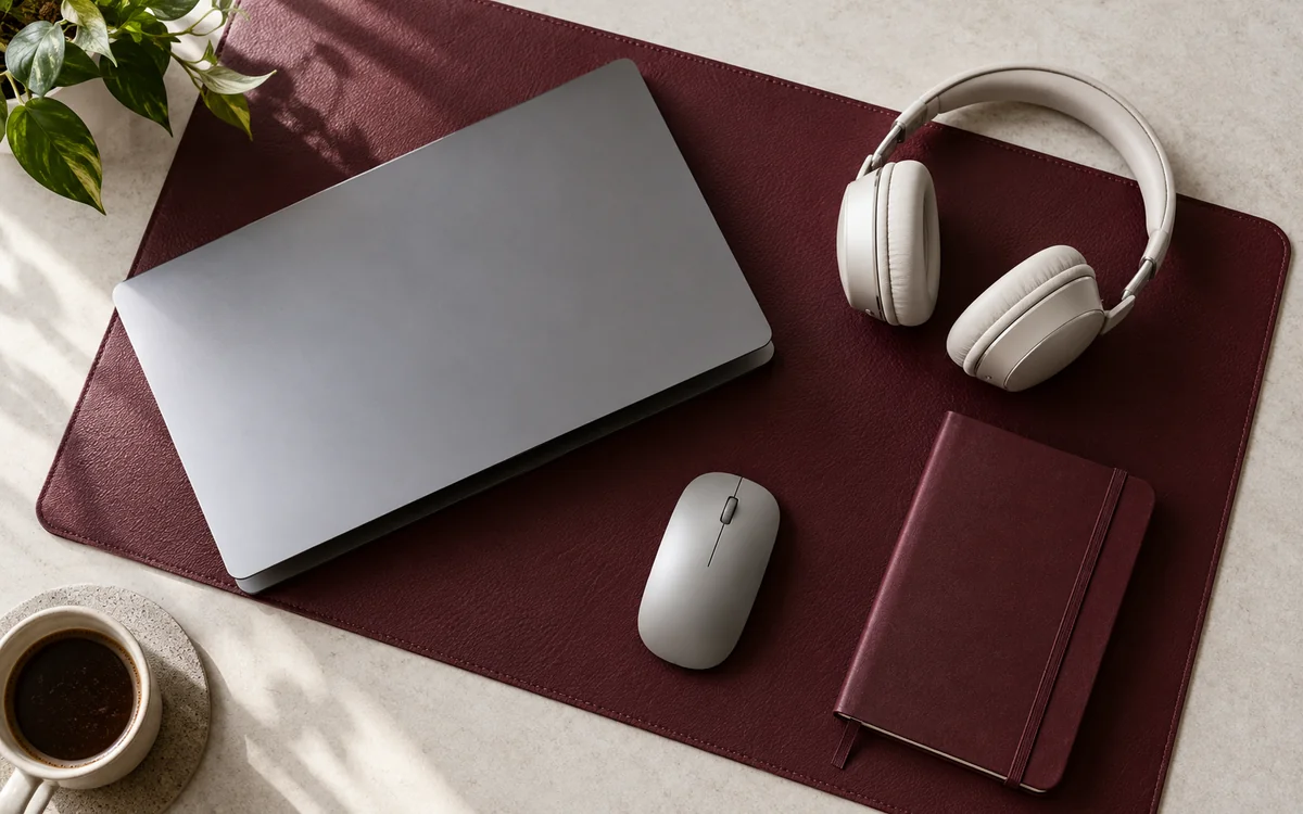 Computer, cuffie e mouse disposti su una scrivania, fotografati dall’alto.